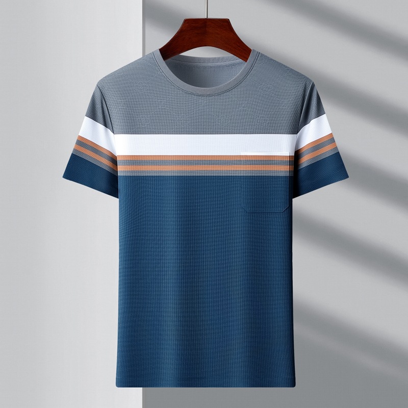 Men's Ice Silk Short Sleeve T-shirt Casual Round Neck Contrast Color Simple