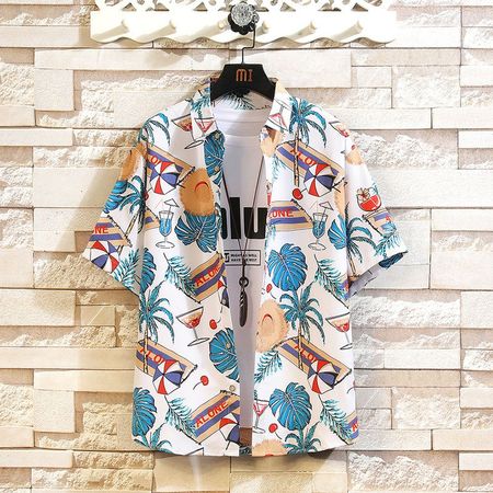 Summer New Men's Color Matching Printed Fashion Style Short-Sleeved Shirt